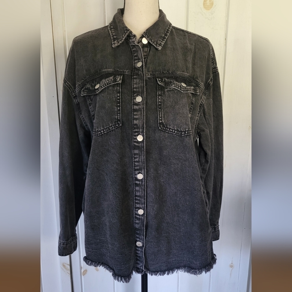 Ripped Hem Denim Button Front Long Sleeve Jacket Shacket